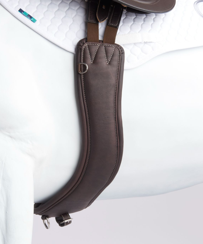 Image of a brown leather pony horse girth, attached a white model of a horse