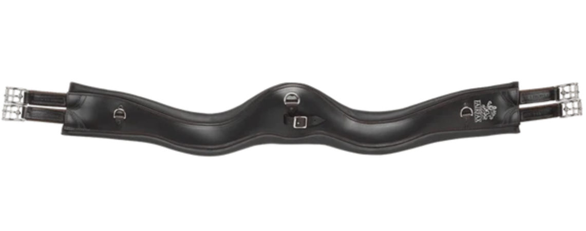 A black leather horse girth with silver metal buckles, rings, and straps, shown against a plain white background.