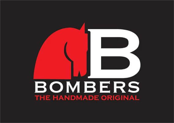 Bomber Bits Logo of a horse head and the B with bombers beneath it and the words handmade original red and white on a black background