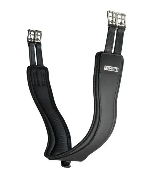 A black leather horse girth strap with silver metal buckles and a small silver 'PRO219' brand plate, shown against a plain white background.
