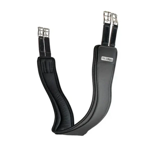 A black leather horse girth strap with silver metal buckles and a small 'PROLITE' brand label on the padded section, shown against a plain white background.