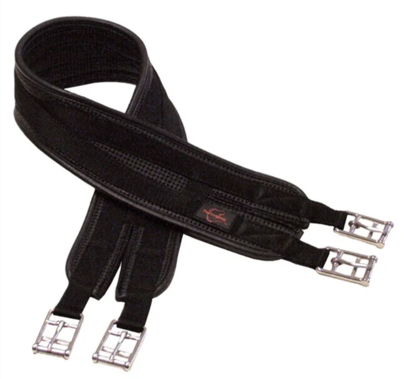 A black padded horse girth with silver metal buckles, shown on a plain white background.