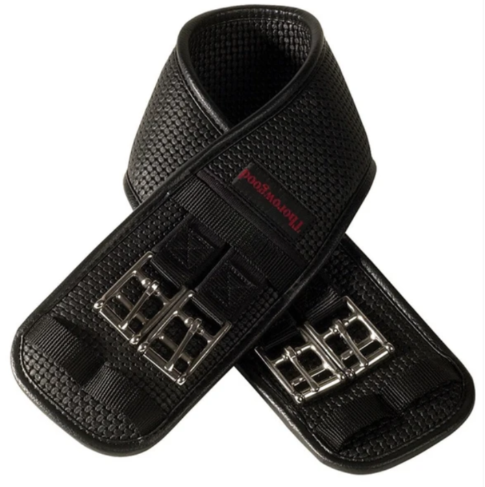 Black leather girth strap with metal hardware on a white background
