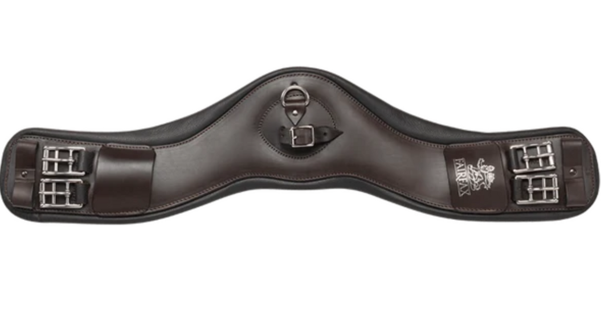 A dark brown leather horse girth with silver buckles and a silver brand logo on the right side, displayed against a solid white background.