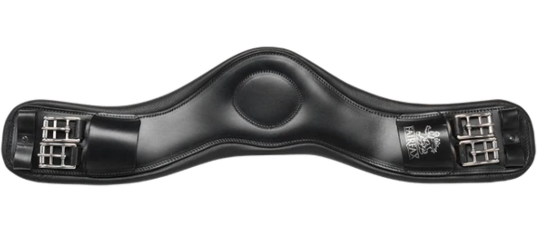 A black leather horse girth with silver metal buckles and a central oval pad, shown against a plain white background.