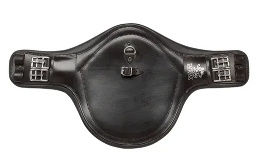 A black leather horse girth with silver buckles and straps, shown from a top-down view on a white background.