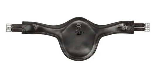 A black leather horse girth with silver metal buckles and straps, shown flat against a white background.