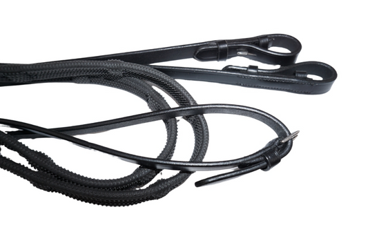 Black leather horse reins with braided webbing and metal buckles, arranged on a plain white background.