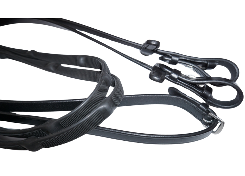 Image of black leather reins on a white background