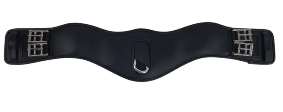Black leather horse girth with silver metal buckles and a central D-ring, shown against a plain white background.